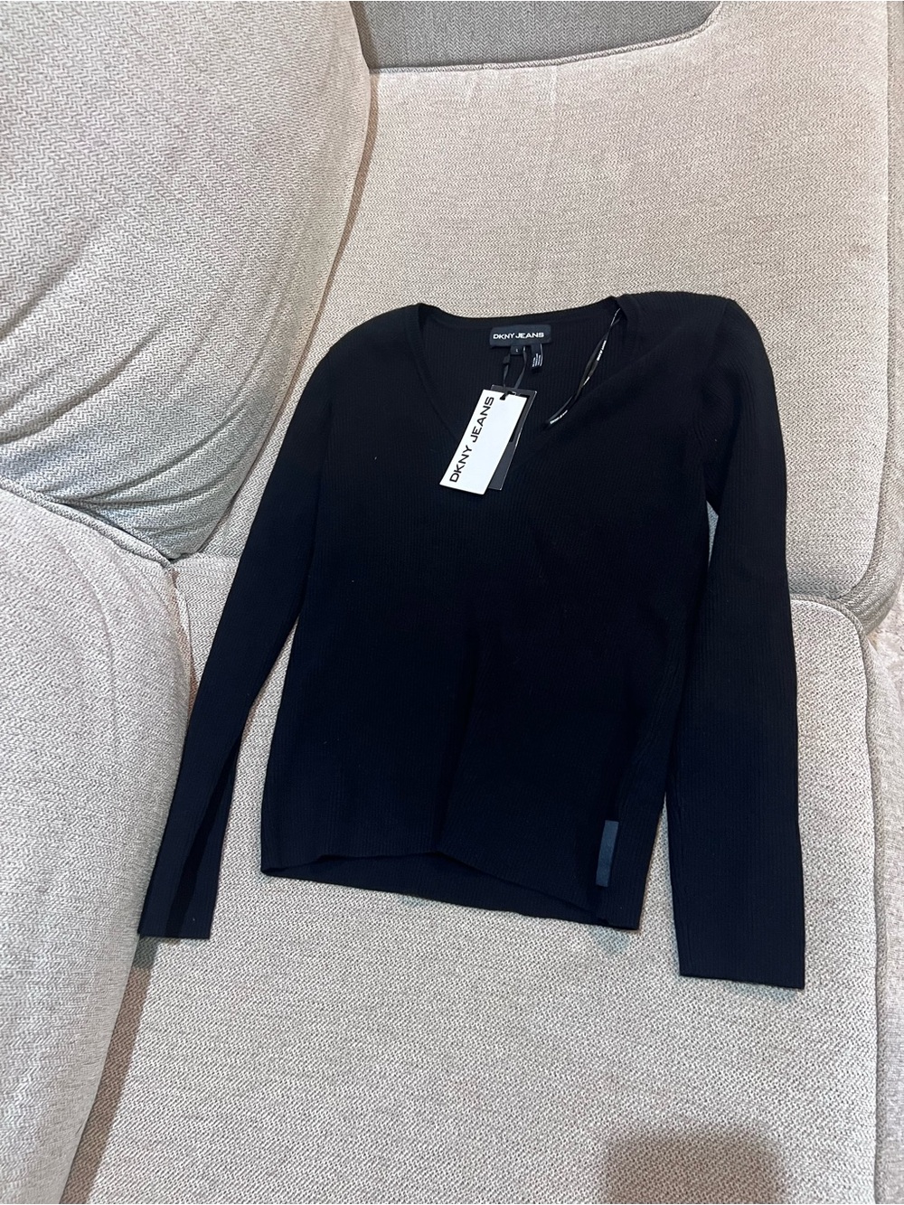 DKNY Black Ribbed V-Neck Long Sleeve Top with Tag